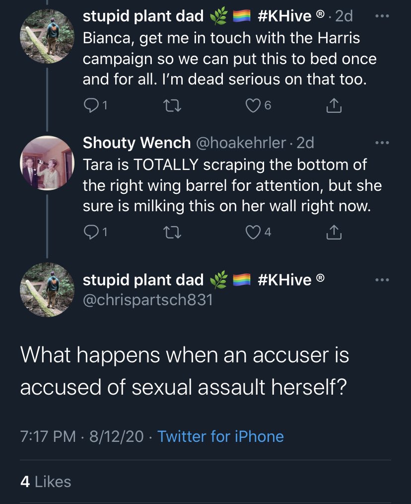 Is  @KamalaHarris aware that the founder of  #KHive engages in the cyber stalking of  @ReadeAlexandra, including conspiring with Chris Partsch to make false accusations against her?  @ryangrim  @kthalps  @TwitterSupport  #WeBelieveTaraReade