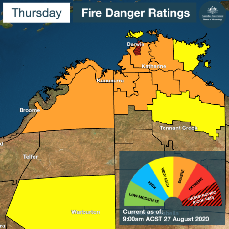 Bureau of Meteorology, Northern Territory (@bom_nt) on Twitter photo Very high risk day today. #Bushfire danger is at #Catastrophic (the highest level) & #Severe in other parts. Fires are already burning & hot, dry & windy conditions mean situation can change very fast.
Info: bushfires.nt.gov.au/incidentmap
bom.gov.au/nt/warnings/fi…
@BushfiresNT <a href="/ntpfes/">NT PFES</a> Very high risk day today. #Bushfire danger is at #Catastrophic (the highest level) & #Severe in other parts. Fires are already burning & hot, dry & windy conditions mean situation can change very fast.
Info: bushfires.nt.gov.au/incidentmap
bom.gov.au/nt/warnings/fi…
@BushfiresNT <a href="/ntpfes/">NT PFES</a>