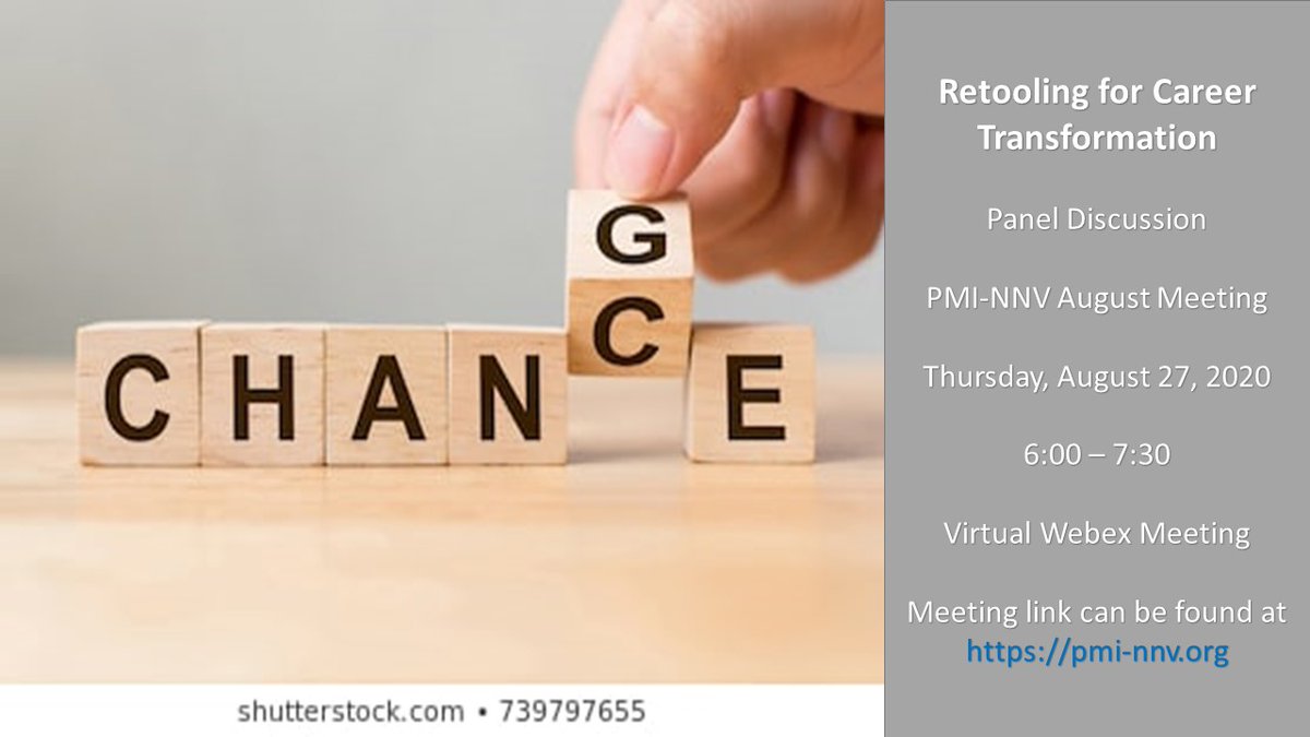 Are you ready to take a chance and change your career? Join #PMI-NNV at 6:00 Thursday, 8/27 for a panel discussion with PMI members Chadwick Spencer, David Fein, and Kevin Goss to learn how they transitioned roles. Event information can be found at pmi-nnv.org