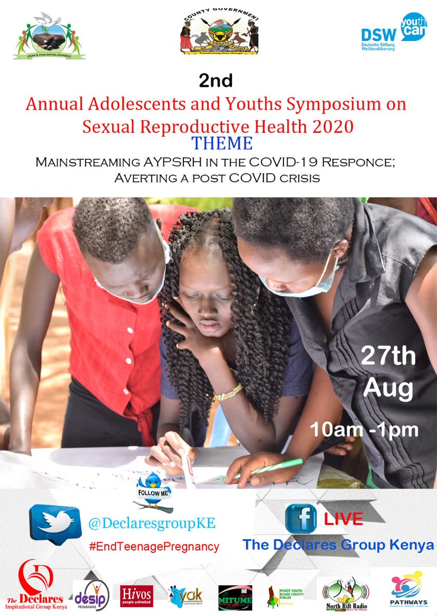 Its yet another year we converge for the 2nd Annual Youth Symposium on SRH. The virtual event will be live on @DeclaresGroupKe Facebook page from 10-1pm. Join us as we discuss how to avert a post Covid-19 crisis. #EndTeenagePregnancies #SLALE #SAHA