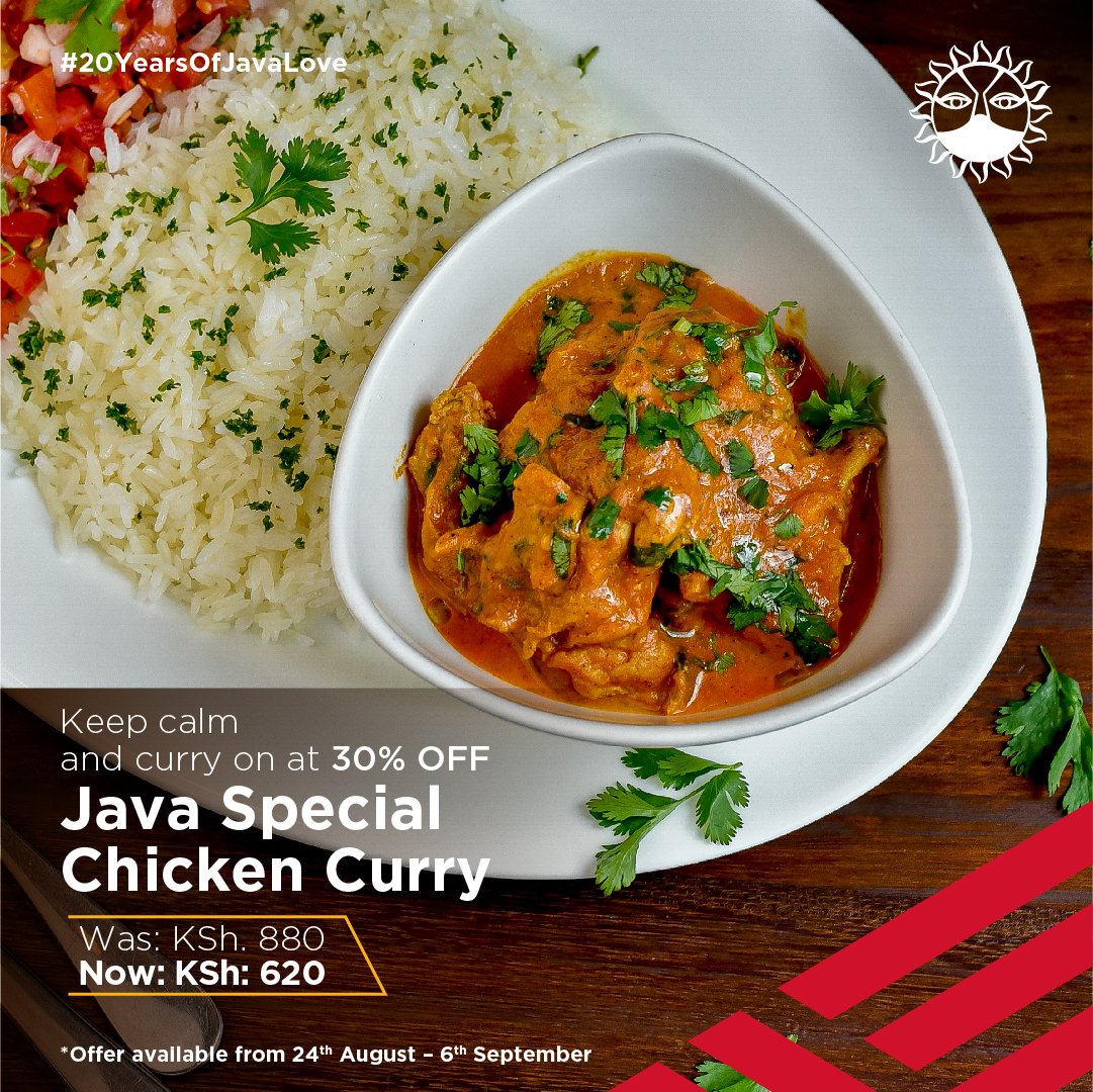 javahouseafrica's tweet photo. We are still celebrating our birthday and our guests are the ones getting the gifts. Enjoy the Java Special Curry Chicken at 30% off until 6th September. Available at your favourite branch, food app or from our website: https://t.co/rIuAERZJZs
#20YearsOfJavaLove https://t.co/R1iLNxlLKM