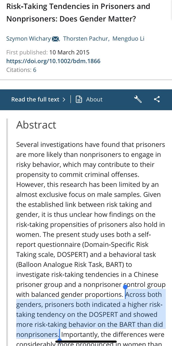 #2. "Criminals will have different risk preferences than nonoffenders (risk loving instead of risk averse)." Check.  https://onlinelibrary.wiley.com/doi/abs/10.1002/bdm.1866