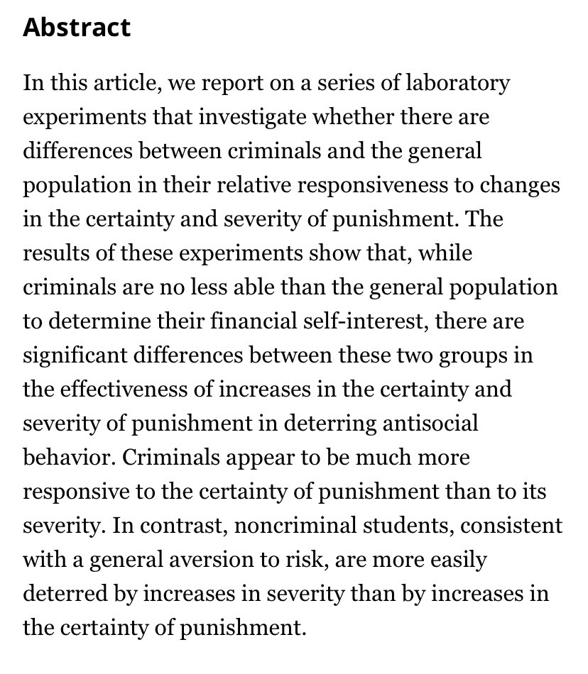 #3. "Because criminals are risk loving, they will be more responsive to changes in probability of getting caught than changes in severity of punishment." Check.  https://www.journals.uchicago.edu/doi/abs/10.1086/467954