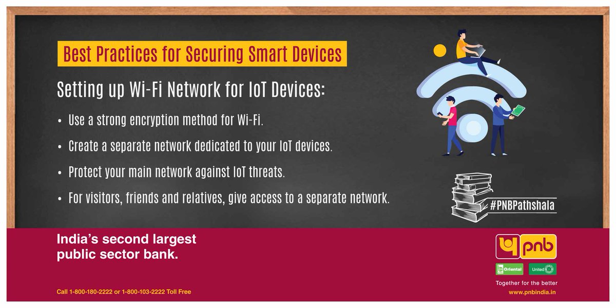 pnbindia's tweet photo. Today in #PNBPathshala, we will learn about the best practices for securing Smart Devices. Go through the instructions and follow them to learn the ways to set up a secure Wi-Fi network for IoT Devices. https://t.co/UA1DQJGUg9