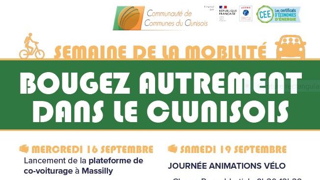MOBILITÉ
Mi-septembre, la Communauté de communes du Clunisois proposera une série d'activités dans le cadre de la Semaine de la Mobilité Durable en Clunisois ! Plus de détails à venir à la rentrée.
