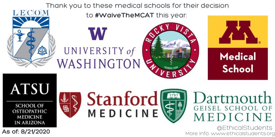 These med schools have shown they care about their students and who they want to admit this cycle. Thank you!!! It is much appreciated and means a lot!! More schools need to follow their lead and #WaiveTheMCAT #premedtwitter