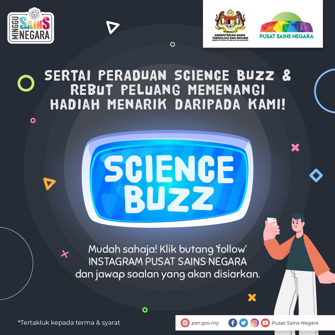 MyScienceCentre's tweet image. Menarik minggu hadapan! Teruskan bersama kami di Instagram Pusat Sains Negara.

Jangan lupa follow kami di Instagram, jawap soalan yang akan disiarkan dan rebut peluang memenangi hadiah menarik

#sciencebuzz #pusatsainsnegara #mosti #jomterokaisains