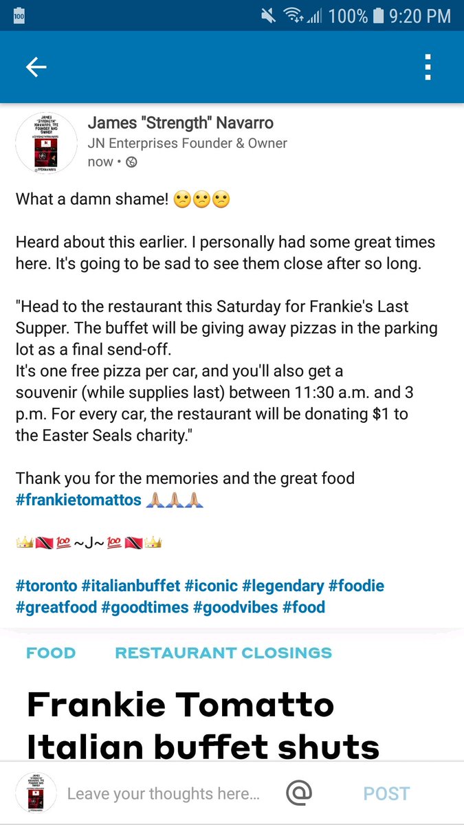 TFENavarro's tweet photo. What a damn shame! 😕😕😕

Heard about this earlier. I personally had some great times here. It's going to be sad to see them close after so long.

Thank you for the memories and the great food #frankietomattos 🙏🏼🙏🏼🙏🏼

👑🇹🇹💯~J~💯🇹🇹👑

#toronto #italianbuffet #iconic #legendary https://t.co/8Y6zLXRoKS