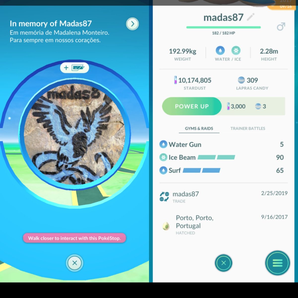 RuiMiguelPOGO's tweet image. Today the Pokéstop in memory of a member of the comunity that passed away got aproved. This is a very kind gesture since it was a game she loved and this is a good way to imortalize her in the game. I'm still keeping my very first legacy Lapras that she traded to me ✨👏