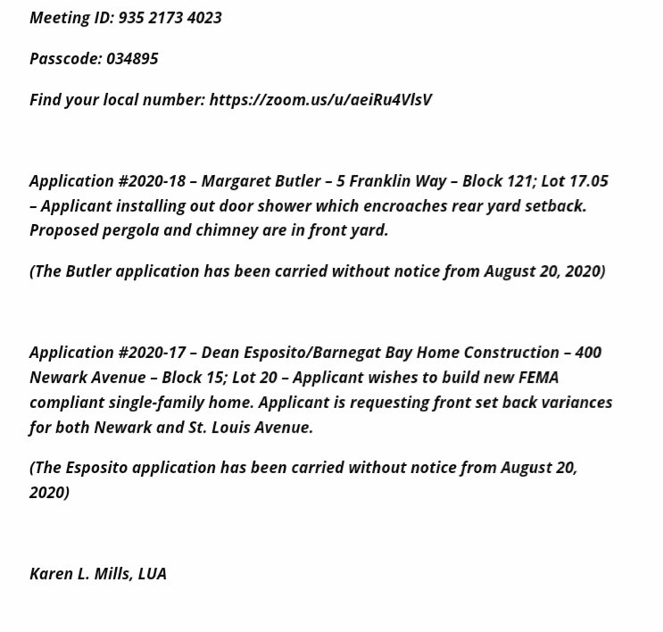 PtPleasantBchNJ's tweet photo. Special BOA Meeting August 27, 2020 at 7pm

#PPBNJ

https://t.co/Msur6F1fSI https://t.co/e5B12YDab1