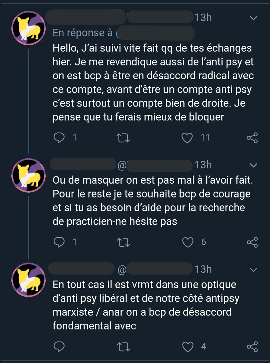 Donc, Ce soir, car j'ai nuancé un propos au sujet de la psychiatrie, je me suis fait insulté, diffamé et invectivé dans mon dos. Je serais un « Canard de libéral de droite » qu'il faut « bloquer ou masquer » car je dit qu'il faut abolir les soins sans consentement.