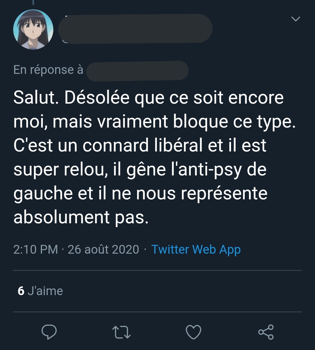 Donc, Ce soir, car j'ai nuancé un propos au sujet de la psychiatrie, je me suis fait insulté, diffamé et invectivé dans mon dos. Je serais un « Canard de libéral de droite » qu'il faut « bloquer ou masquer » car je dit qu'il faut abolir les soins sans consentement.