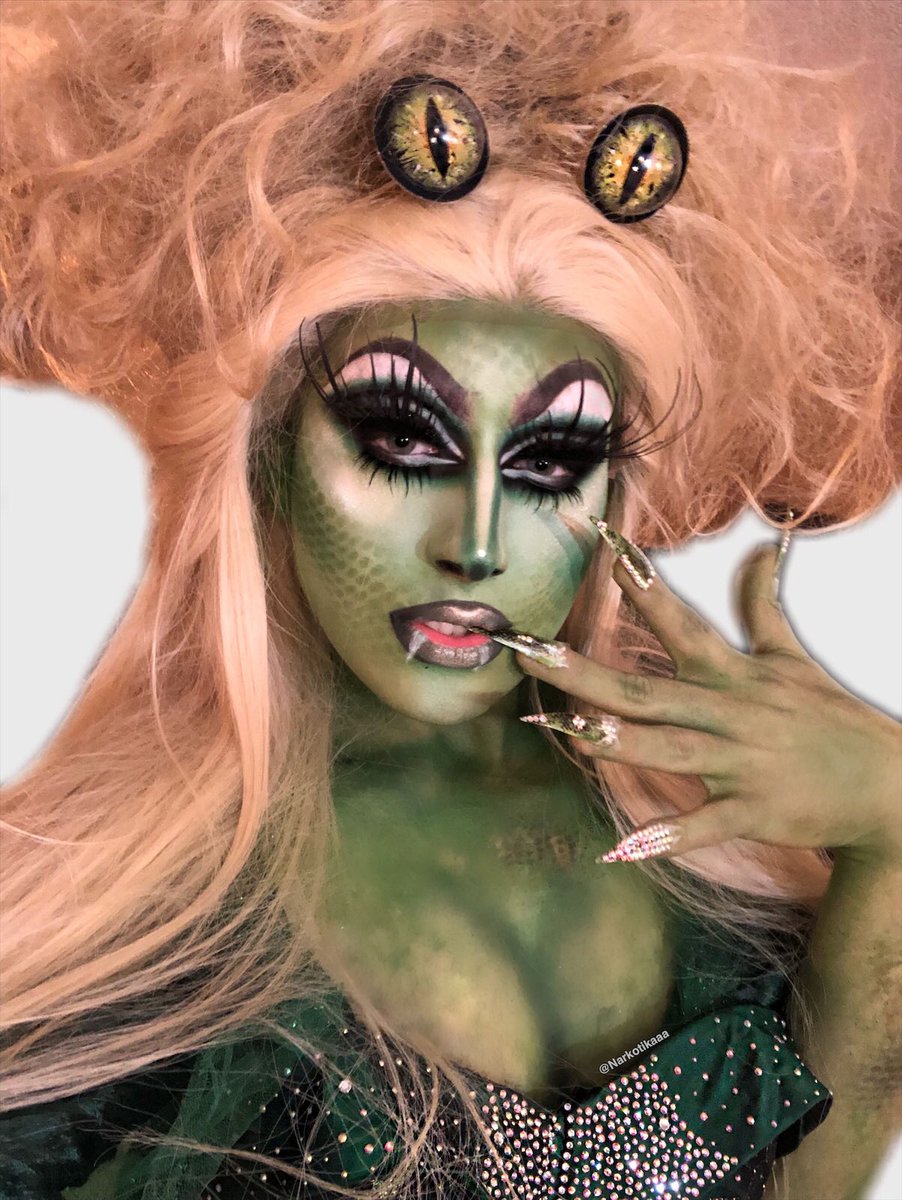 Episode 2: Snake Couture you all know i love a concept, so I took inspiration from the biggest snake,  @Alaska5000 . I stacked 3 wigs together to get her giant signature hair and put snake eyes on top. This beautiful green dress was even individually rhinestoned by me 