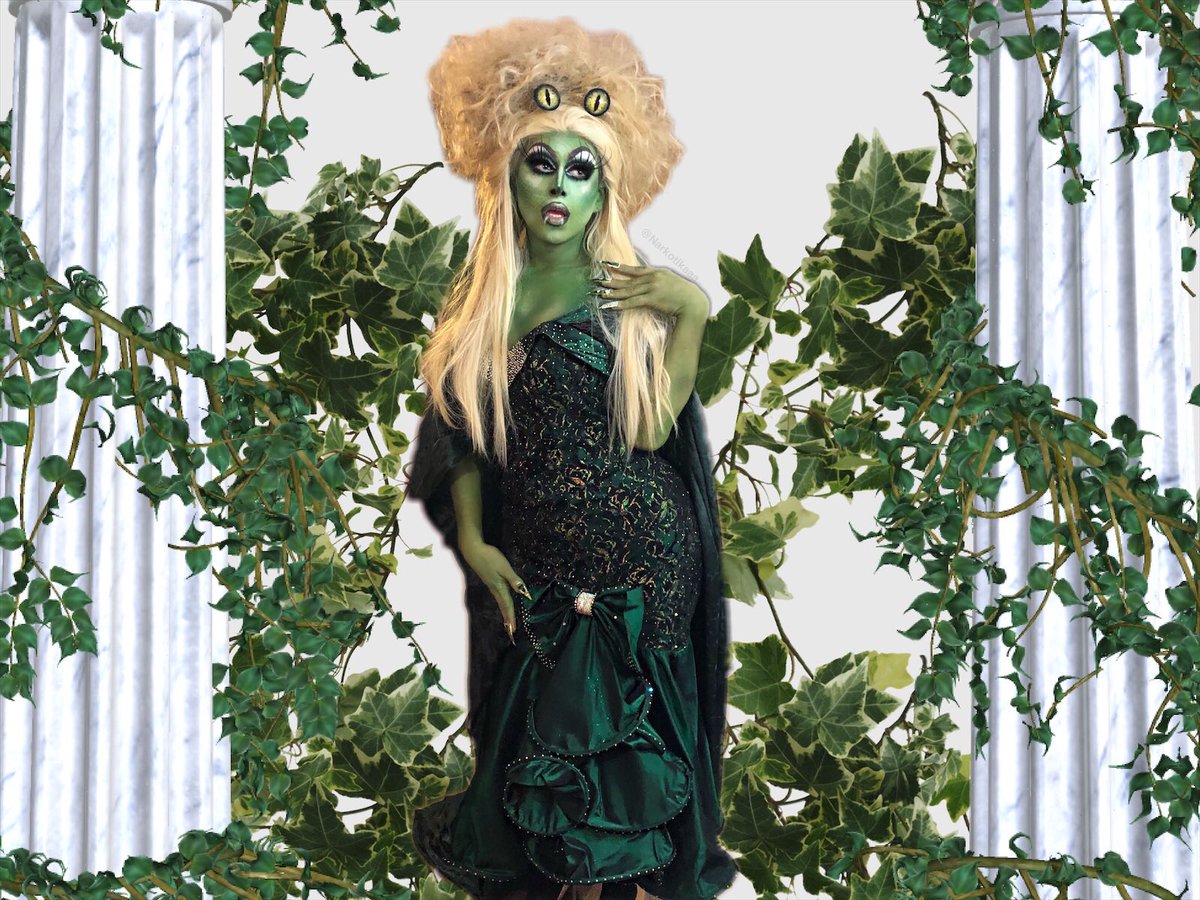 Episode 2: Snake Couture you all know i love a concept, so I took inspiration from the biggest snake,  @Alaska5000 . I stacked 3 wigs together to get her giant signature hair and put snake eyes on top. This beautiful green dress was even individually rhinestoned by me 