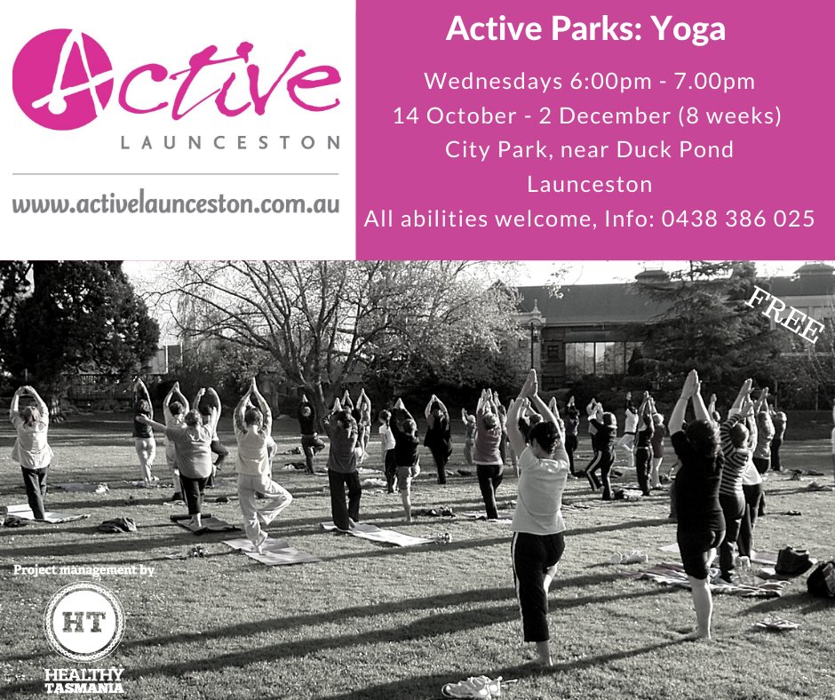 FREE PROGRAM ALERT
We return to City Park with a weekly yoga session every Wednesday night at 6pm for 8 weeks from October 14.
More info? 😀🧘 activelaunceston.com.au