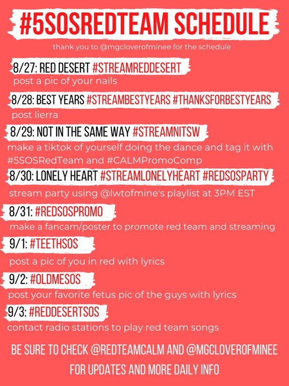 thirstyfor5sos_'s tweet image. Updated schedule for #5SOSRedTeam #5SOSPromoComp #STREAMTEETH
