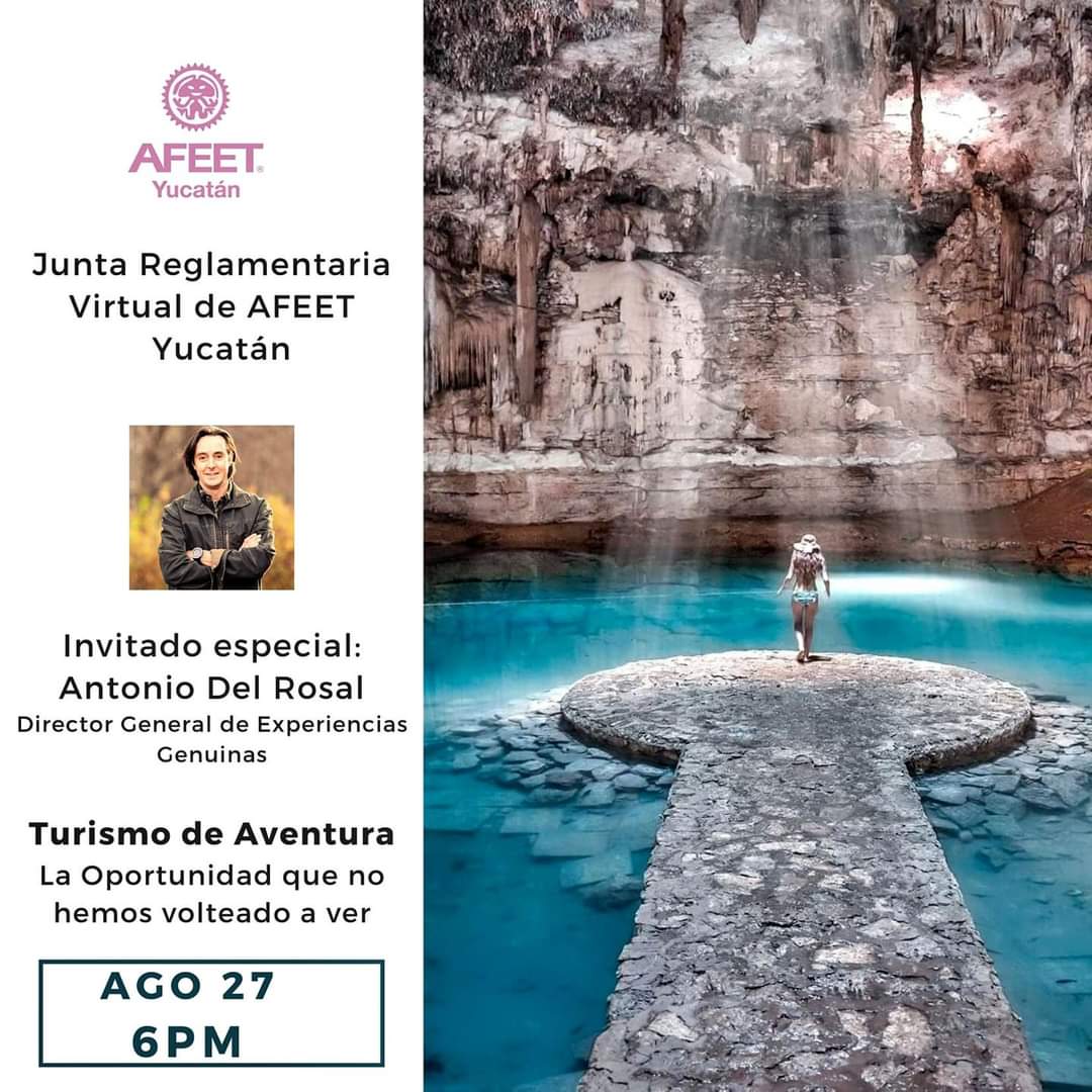 Querida socias de AFEET Yucatán e invitad@s. 

Mañana les esperamos a la reunión virtual  sobre #TurismoDeAventura 🚵 con nuestro amigo #AntoniodelRosal, CEO y fundador de #ExperienciasGenuinas

🕕 6:00 a 6:30pm

<a href="/ATMEX_Official/">ATMEX</a>
Solicita tu acceso inbox 💻