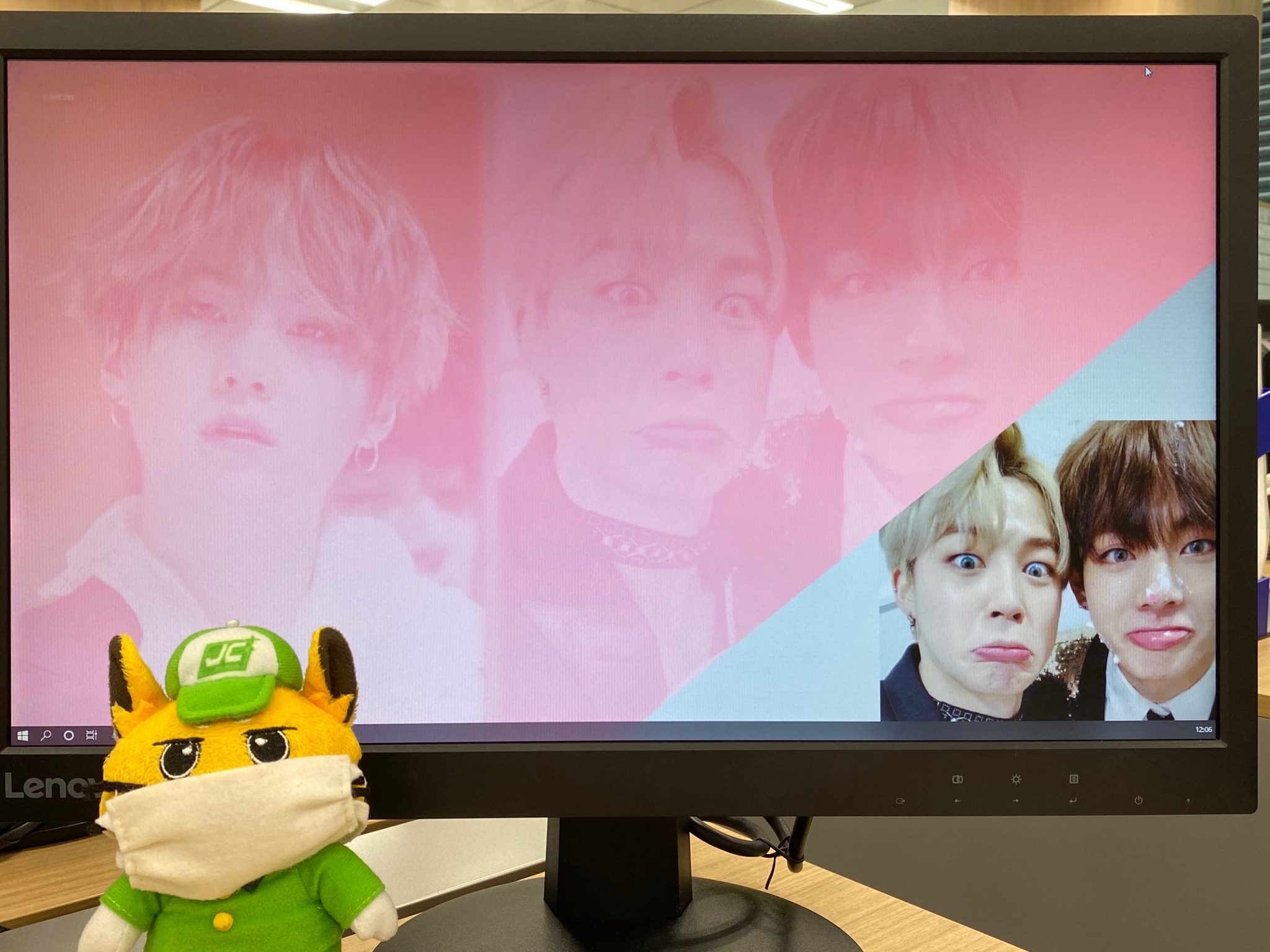 じょぶコン吉 公式 ジョブコンプラス コンキチハ 今日はbts好きのスタッフさんが何やら朝からキャーキャー 制作スタッフさんに推しのデスクトップ画像作ってもらって喜んでたコン もちろん僕の推しはジョブリーヌ Bts バンタン 防弾少年