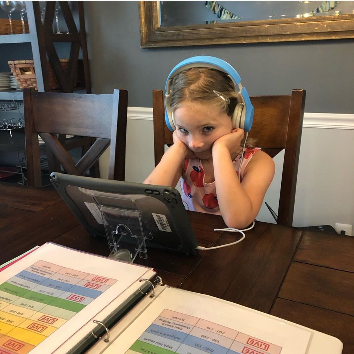 drmiser's tweet image. An example of what millions will experience this school year.  My granddaughter’s anticipation of her first day of first grade, quickly followed by virtual reality. 🤣