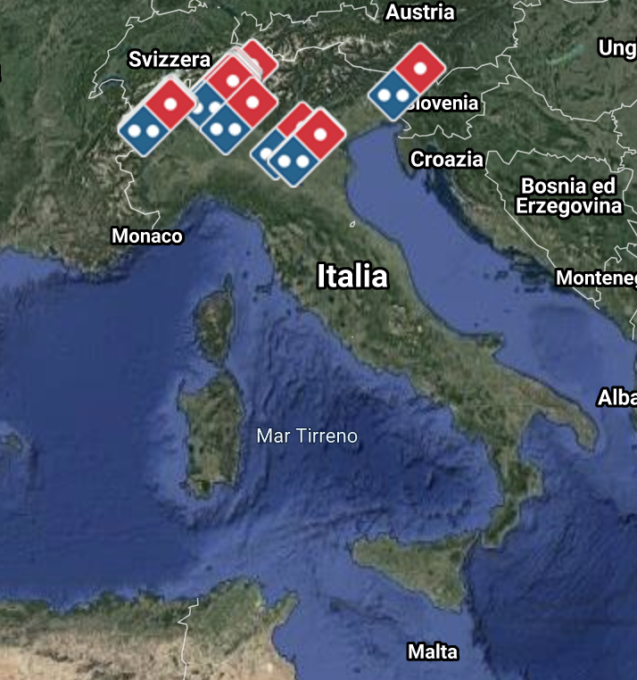 Looks like all the Domino's locations in Italy are in the northern part, which I guess makes sense, since it's really southern Italy/Naples that pioneered pizza.
