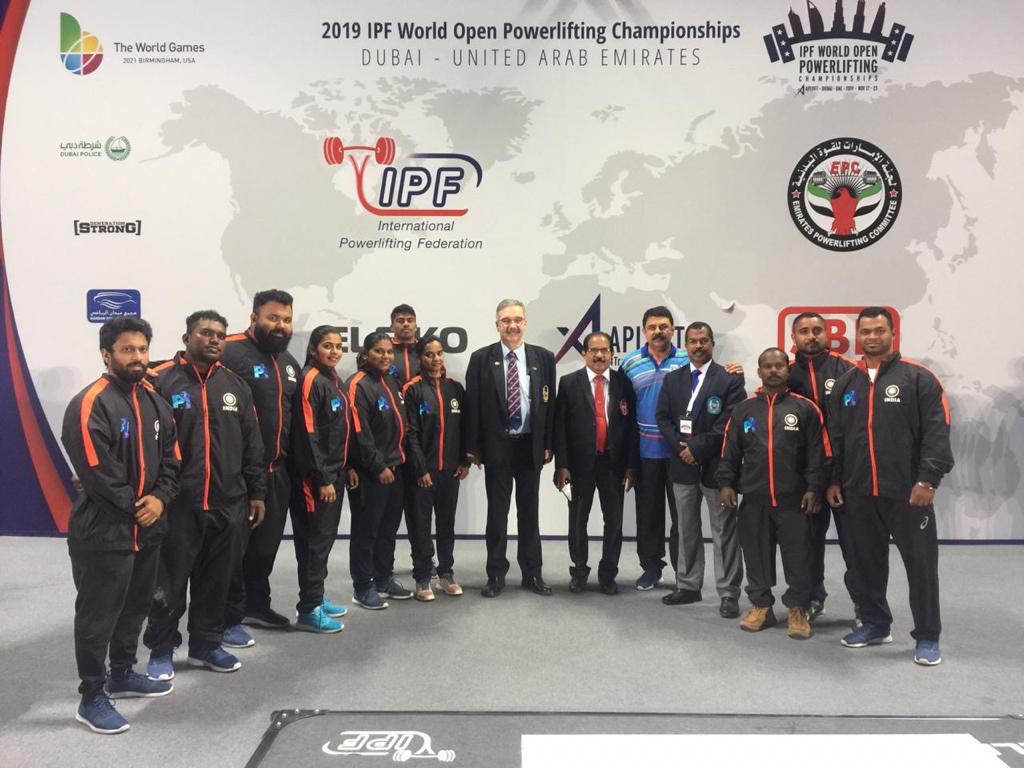 PI_Powerlifting's tweet photo. Team India with Gaston Parage, President-IPF @ World Open Powerlifting Championship 2019 @ Hamdan Sports Complex, Dubai, UAE https://t.co/IuDqmuqrXw