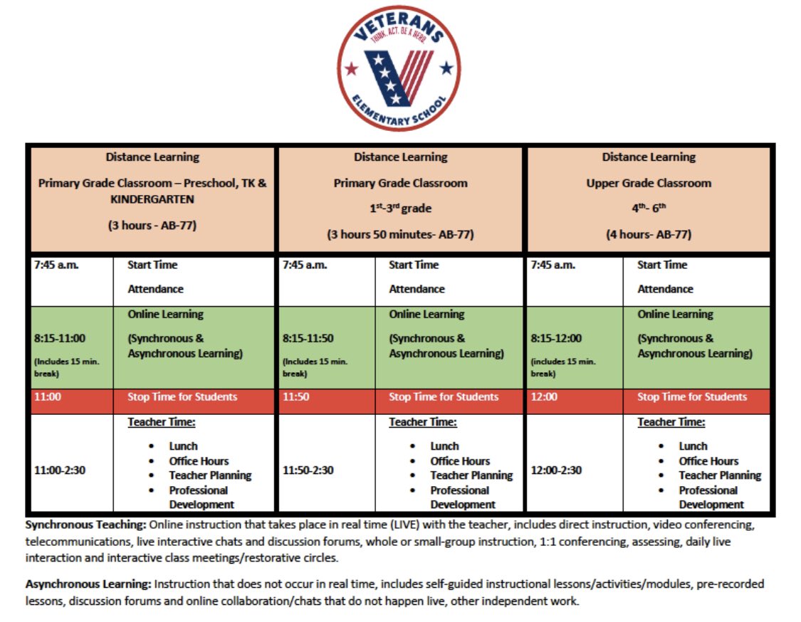 Veterans Elementary Distance Learning Schedule - 
Think. Act. Be a Hero!❤️🤍💙