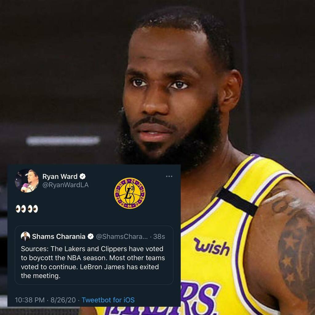 Lakers_L_and_L's tweet image. Sources: The Lakers and Clippers have voted to boycott the NBA season. Most other teams voted to continue. LeBron James has exited the meeting.

#lakers
#Nbaprotest 
#NBABoycott

Via: @shamsnba 

______________________________

For more Lakers content fo… instagr.am/p/CEYFnr5F3BN/