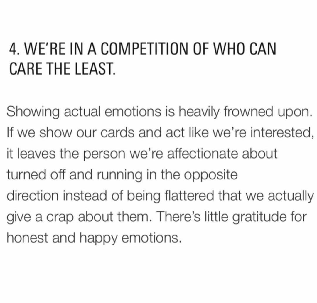 "Why Dating As A Millennial Is So Screwed Up" by Andrew Wesley. 

       [A Thread with Details]

1. We ghost as a way to end things.
2. We're  hyper-focused on Sex.
3.  We're in a competition of who can care the least.
4. We're too strategic about our responses.