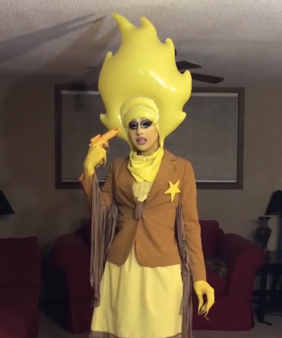Episode 8: Yello? Also one of my favs, it’s so beyond weird and v me. giving crystal gem western sheriff cowgirl from the simpsons who is yellow and also a cowgirl. I rhinestoned everything, including the wig, made the fringe detailing, i LOVE it, but i did have to lipsync 