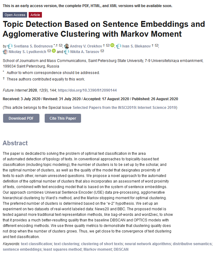 FutureInternet6's tweet image. A new paper published by Svetlana S. Bodrunova et al. from Russia.
Topic Detection Based on Sentence Embeddings and Agglomerative Clustering with Markov Moment
#textclassification
#neuralnetworkalgorithms
#distributivesemantics
#sentenceembeddings
mdpi.com/1999-5903/12/9…