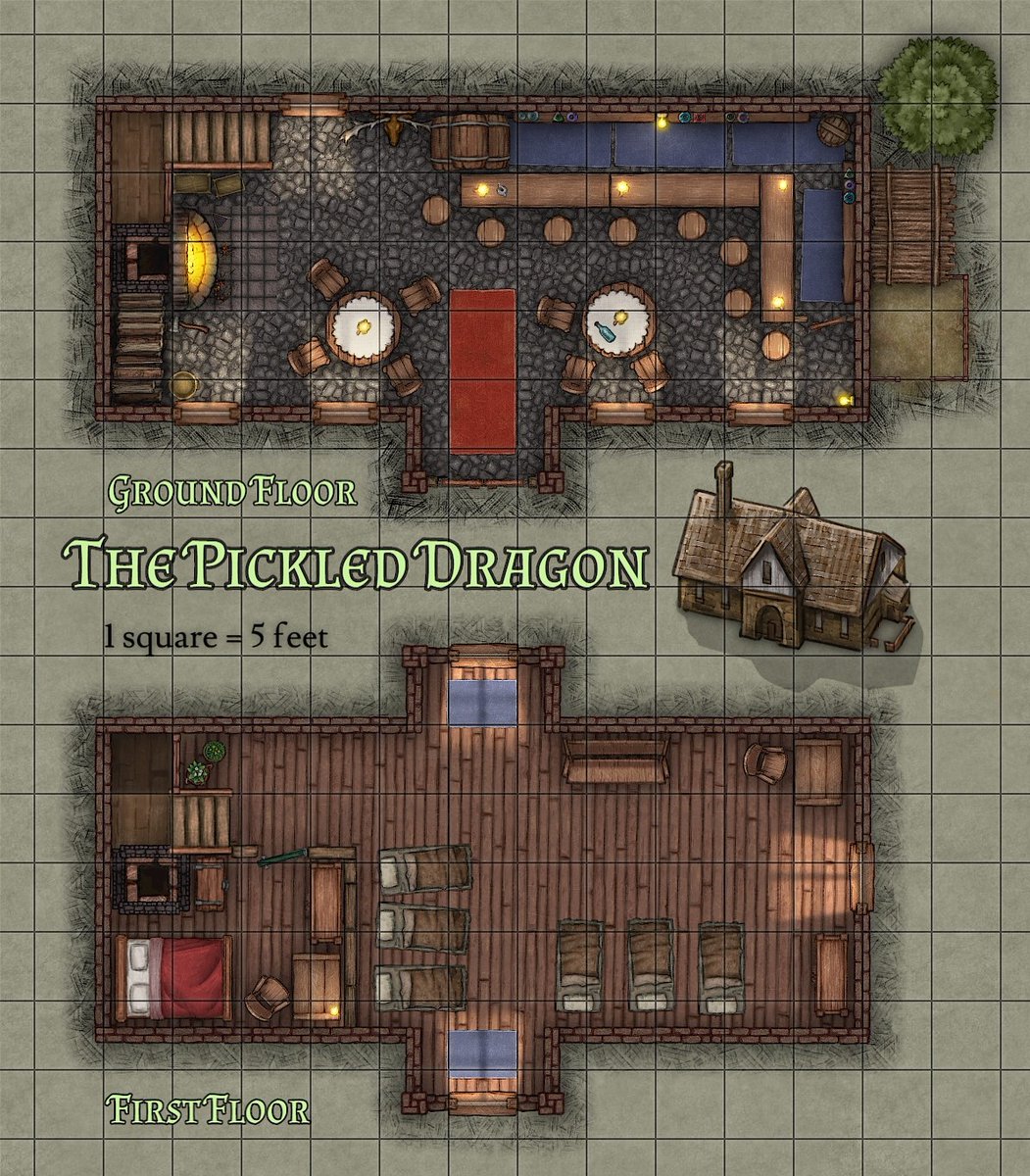 EAllwatcher's tweet photo. The Pickled Dragon, a reputable Inn owned and operated by Grosek Kreg.
*
*
#dnd #dnd5e #dungeonsanddragons
#rpg #ttrpg #dungeonmaster
#tavern #oneshotrpg
#inkarnate #rpgmap #fantasymap
#dungeonmap #worldbuilding https://t.co/aQHgqkmDbw