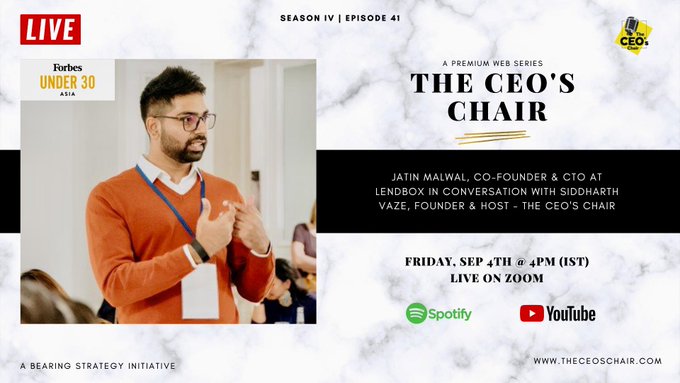 Watch Lendbox CTO & Co-founder, @jatinmalwal share his journey from working at Snapdeal to building Lendbox and leveraging technology for greater financial inclusion in India at @TheCEOsChair LIVE on Friday, Sep 4th
Register here: bit.ly/2CYw1WH

#webseries #talkshow