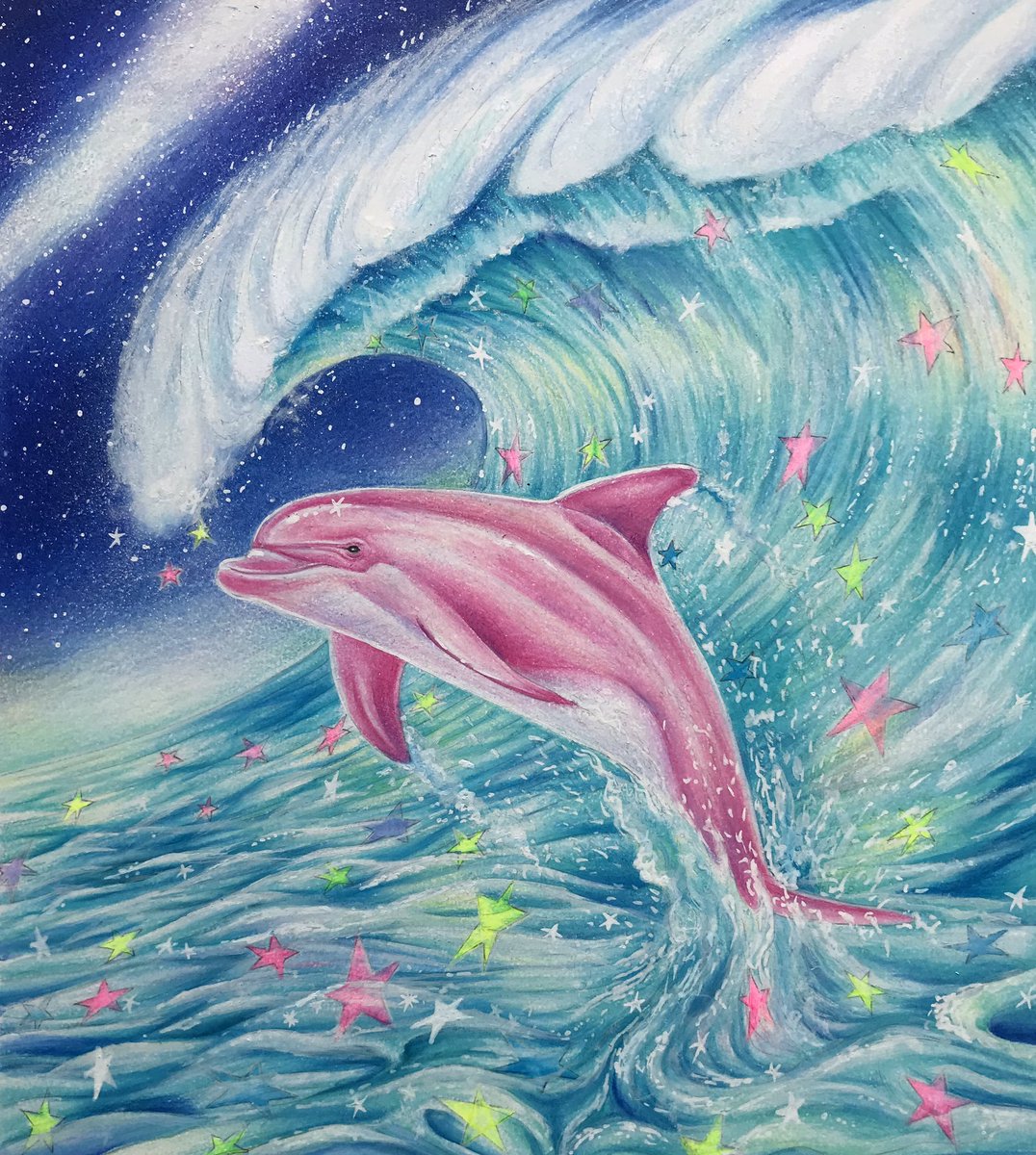 ピンクのイルカ🐬 #大人の塗り絵 #油性色鉛筆 #河出書房 #海のファンタジー