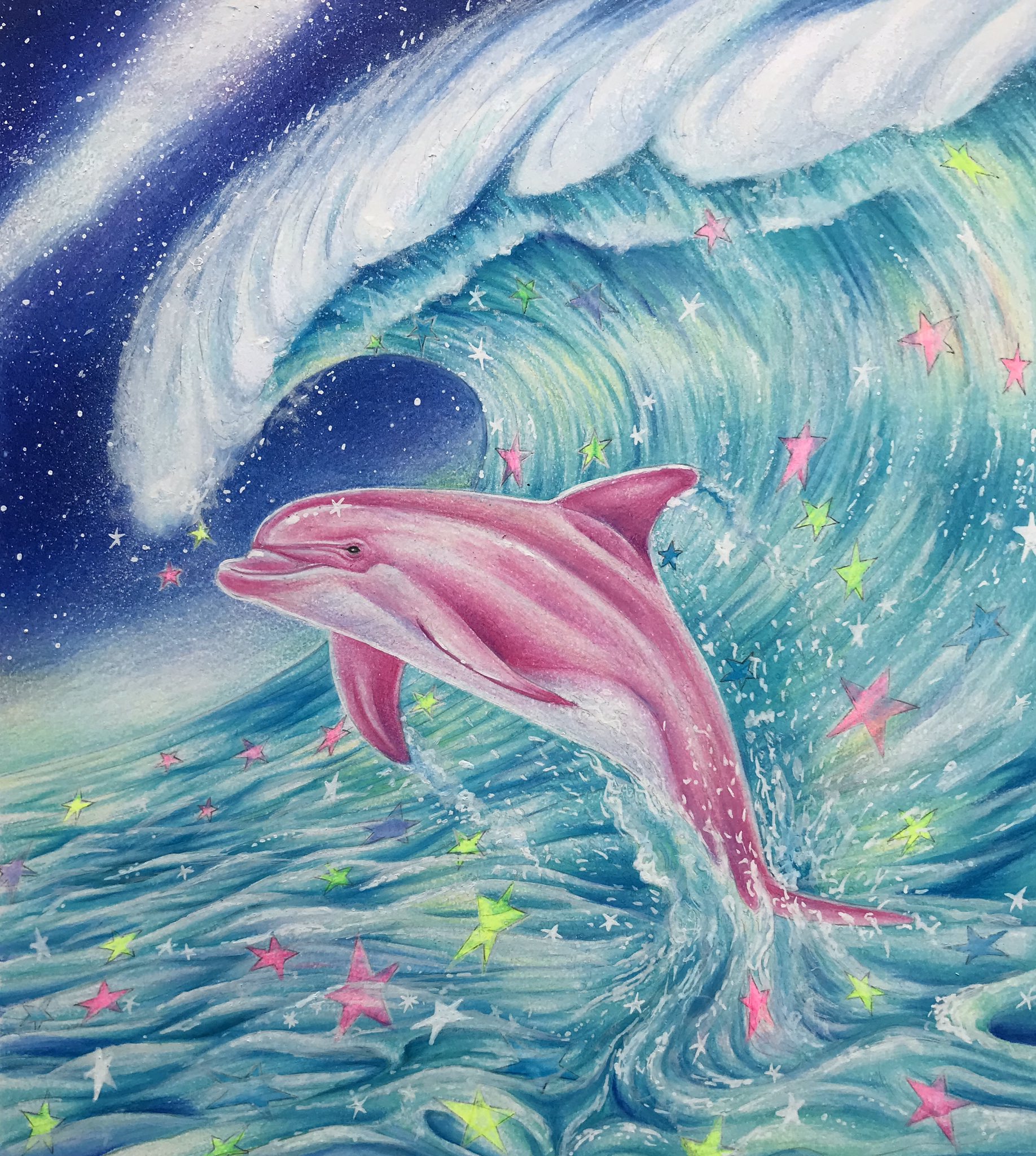 海とイルカの 色鉛筆 アート 風景画 海とイルカの 色鉛筆 アート 風景画