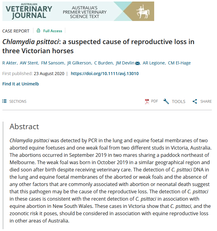 ApcahUnimelb's tweet photo. New case report in Aus Vet Journal from our team just in time for foaling season in Victoria.
PhD student Rumana Akter et al reports on the first reported case in Vic of equine abortion likely caused by Chlamydia psittaci #FVASresearch 🐎[1/4]

link: https://t.co/v5Sf3msL7f https://t.co/660vHq7whc