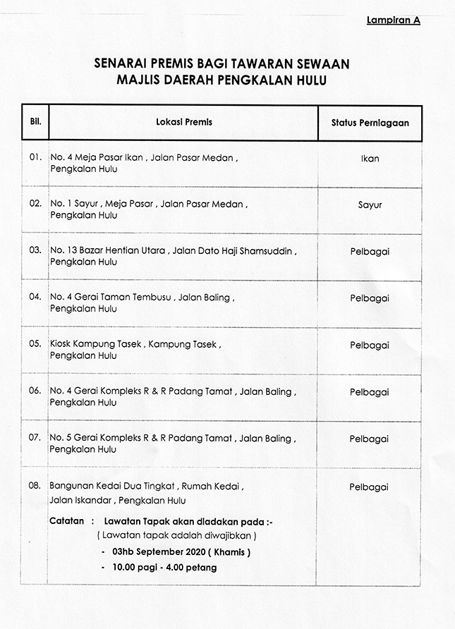 urusetiamdph's tweet photo. IKLAN TAWARAN PENYEWAAN

Permohonan adalah dipelawa daripada individu/syarikat yang berminat untuk menyewa dan menjalankan perniagaan di premis yang disenaraikan seperti di lampiran A.

Tarikh tutup: 10 SEPTEMBER 2020 (KHAMIS)

#majlisdaerahpengkalanhulu #sewakedai https://t.co/YP2YCcS0pI