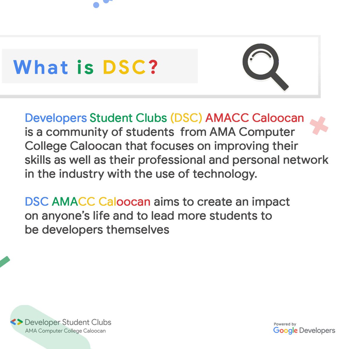 amacccaldsc's tweet photo. Have a better knowledge of what DSC is all about! Our doors are always open for all aspiring students and for EVERYONE who are willing to learn and surpass their limits in terms of technologies ❤💙💚💛

#DSCAMACCCaloocan 
#DSCPhilippines 
#DeveloperStudentClubs https://t.co/1qom456M5O