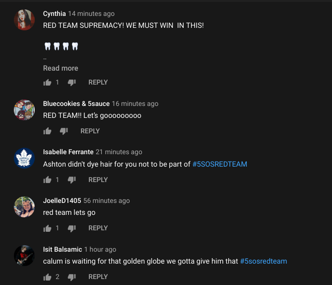 REDTEAMCALM's tweet photo. LOVING ALL THE RED TEAM COMMENTS UNDER THE TEETH MUSIC VIDEO! KEEP IT UP GUYS! #5SOSHASTEETH #TEETHCALM https://t.co/ICi9gsQQd1