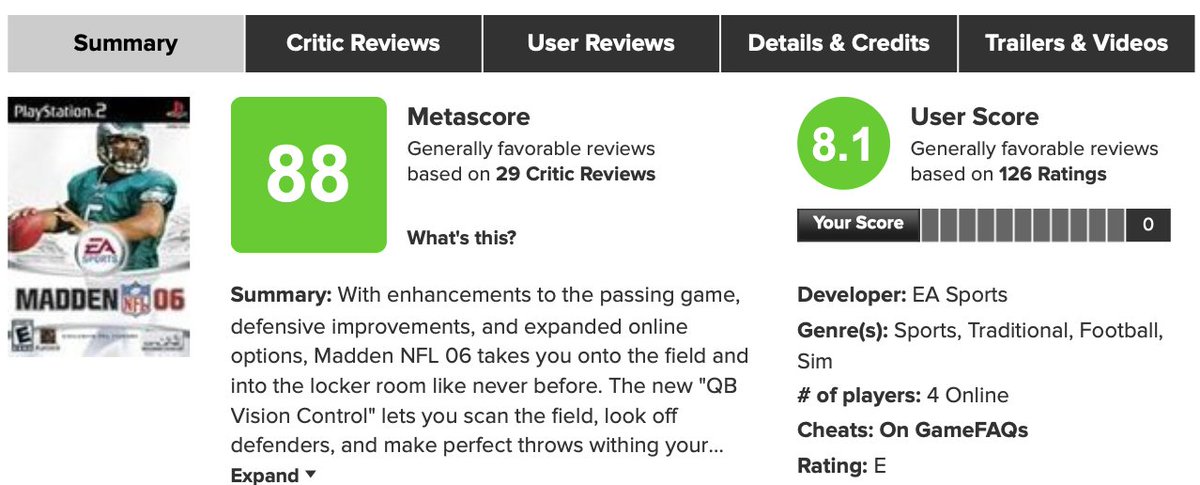 TSJ_gaming's tweet photo. User reviews on @Metacritic haven't always been unfavorable for Madden. In fact #Madden06 for PlayStation 2 recorded an impressive 8.1 and solid 88 critic review. What happened @EAMaddenNFL? #FixMaddenFranchise https://t.co/SBPXuEnWcJ
