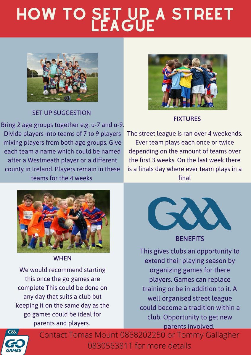 Westmeath Coaching and Games are holding a webinar on Wednesday the 16th of September at 7.30pm on how to run a street league within a club. With a shortened season this year this a great opportunity for clubs to provide more games for their players