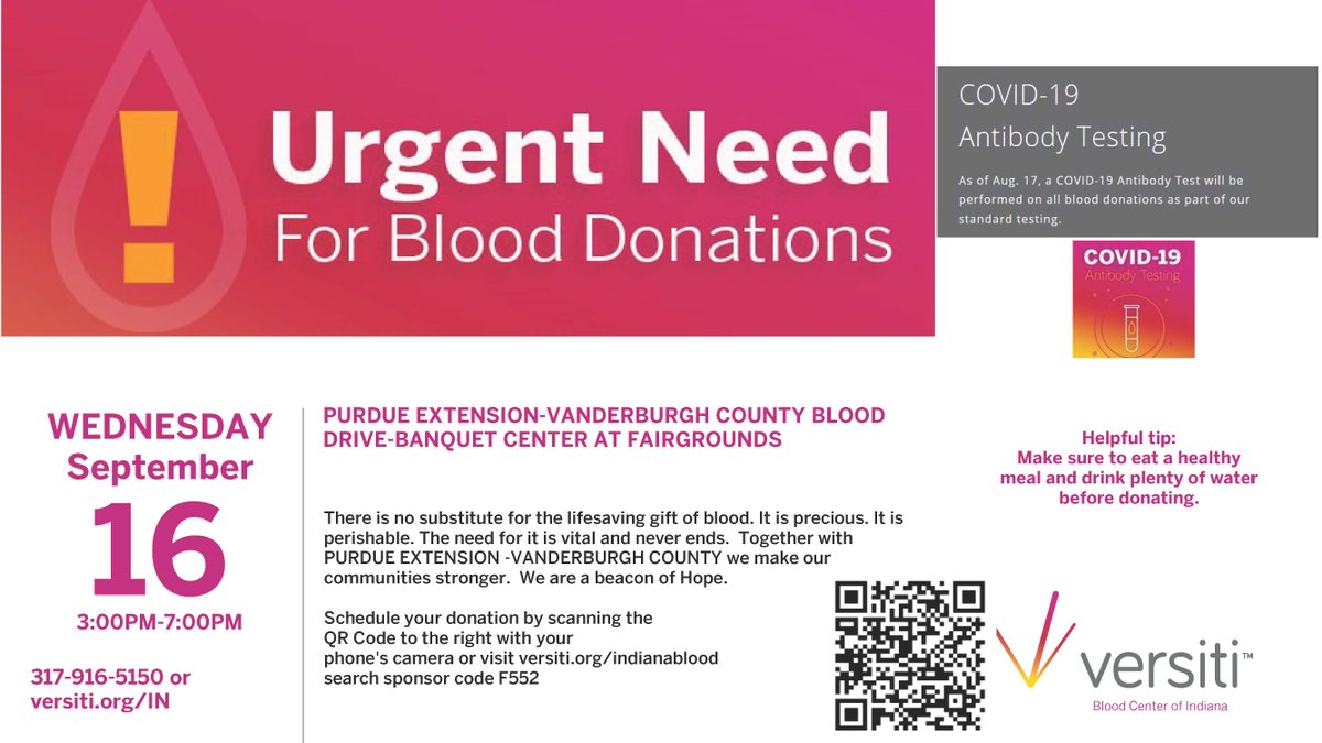 VanderburghExt's tweet image. Join Purdue Extension-Vanderburgh County for a Blood Drive on Wednesday September 16th from 3-7pm in the 4-H Center Banquet Hall! Antibody testing for COVID-19 will be done.  Visit donate.indiana.versiti.org/donor/schedule… to register.  Appointments are important for social distancing.