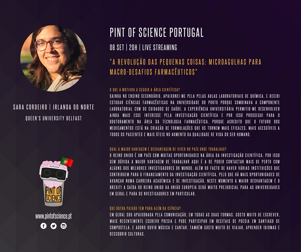 pintofsciencePT's tweet photo. Apresentamos os oradores do Pint of Science Portugal 2020!

Dia 8 de setembro | 20h
𝘚𝘢𝘳𝘢 𝘊𝘰𝘳𝘥𝘦𝘪𝘳𝘰 | Irlanda do Norte
A revolução das pequenas coisas: microagulhas para macro-desafios farmacêuticos 💊🔬💡

Assistir em direto: https://t.co/deJb98CK2w https://t.co/u27HqeAAG3