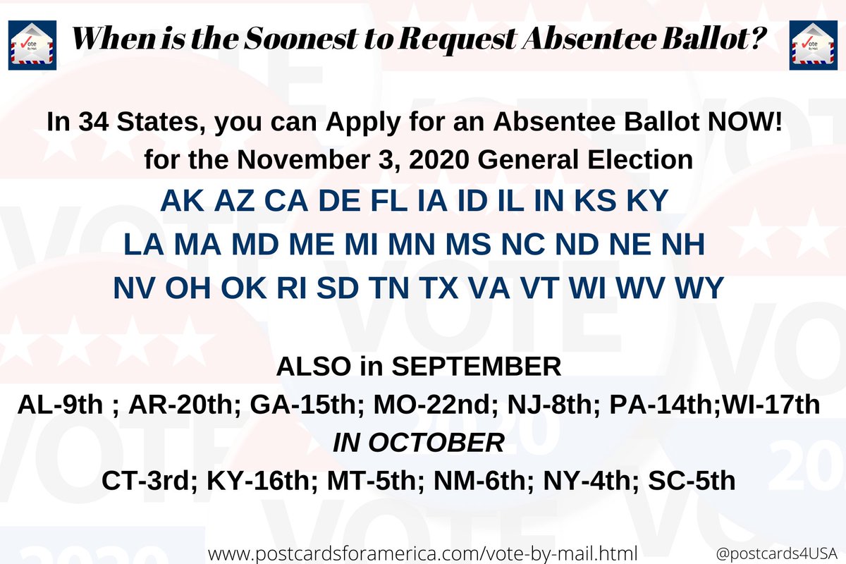 Planning to  #VoteByMail?In 34 States, you can Apply for your Absentee Ballot RIGHT NOW for  #Elections2020AK AZ CA DE FL IA ID IL IN KS KY LA MA MD ME MI MN MS NC ND NE NH NV OH OK RI SD TN TX VA VT WI WV WY #AbsenteeBallots  #AbsenteeVotingTHREAD 2/4 #VoteBlueToSaveAmerica