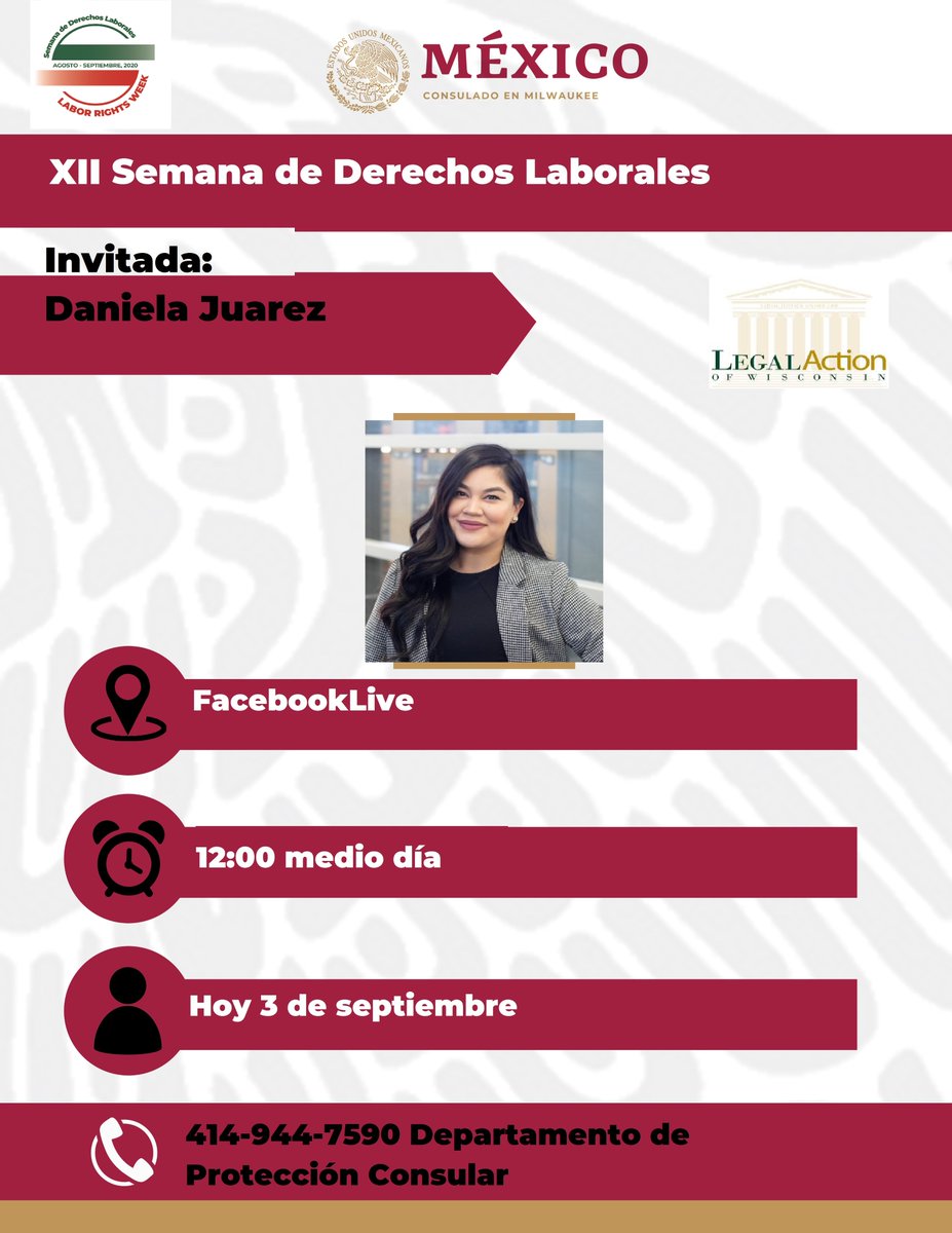 ConsulMexMKE's tweet photo. 🧑⚖️ #ConoceTusDerechos ⚖️ XII Semana de #DerechosLaborales 2020 🧑🔧🏭👷 🚜👩🌾 🧑🍳y será por facebook live 💻 aquí en la página del Consulado 🇲🇽, síguenos de manera virtual #SLD2020 #ProtecciónConsular #CIAM https://t.co/CNM1J0ARLX