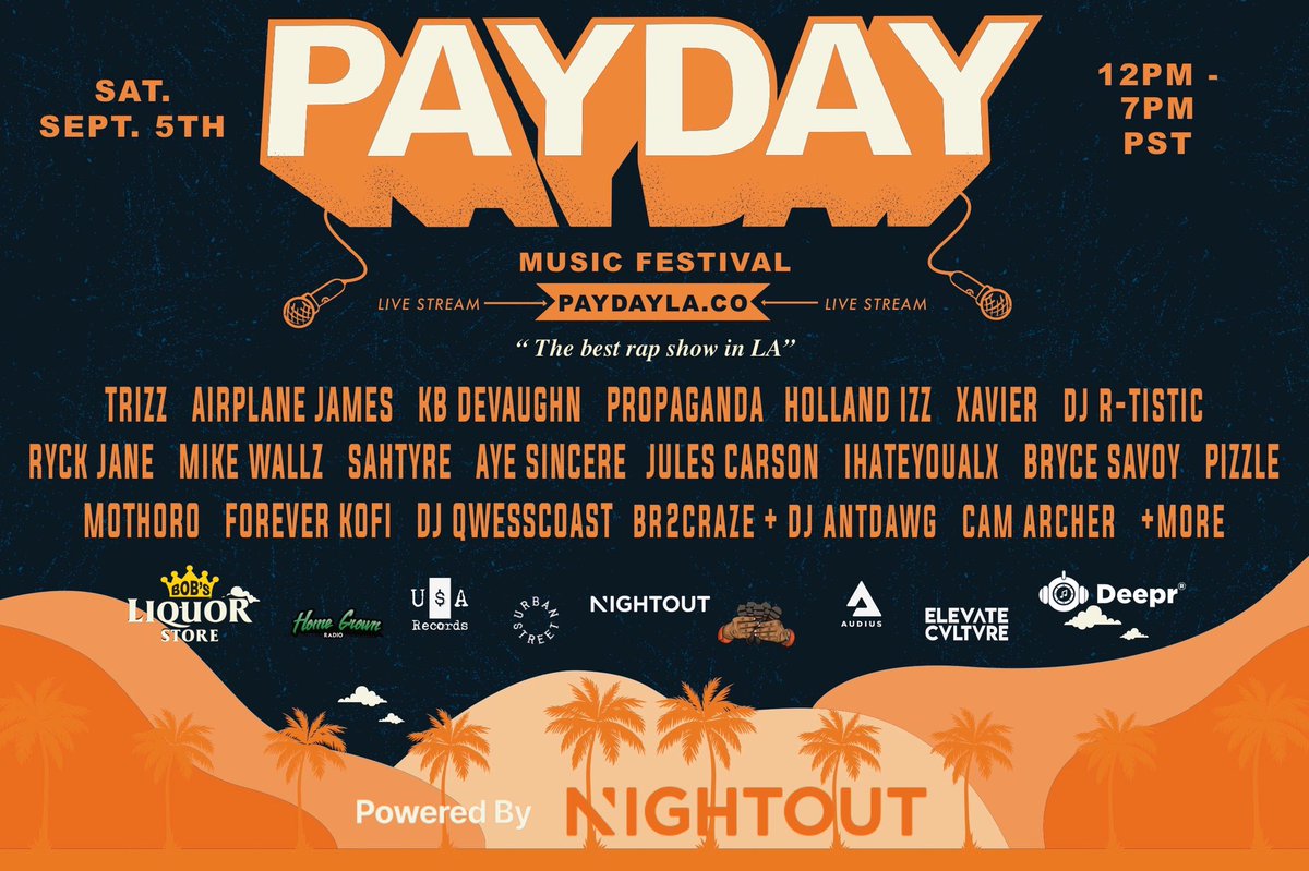 elprezdeLA's tweet photo. 106 &amp; PayDay this Saturday @ Noon PST

#PAYDAYFEST

Tune in to the Best Rap Show in LA, and now Online, as we go virtual with the first Hip Hop music Festival 💰

Sponsored by: @therealNIGHTOUT @AudiusProject @DeeprMusicApp @HomeGrownRadio @BOBSLIQUORSTORE #elevateculture #DILLIO https://t.co/YzEwVaCikJ