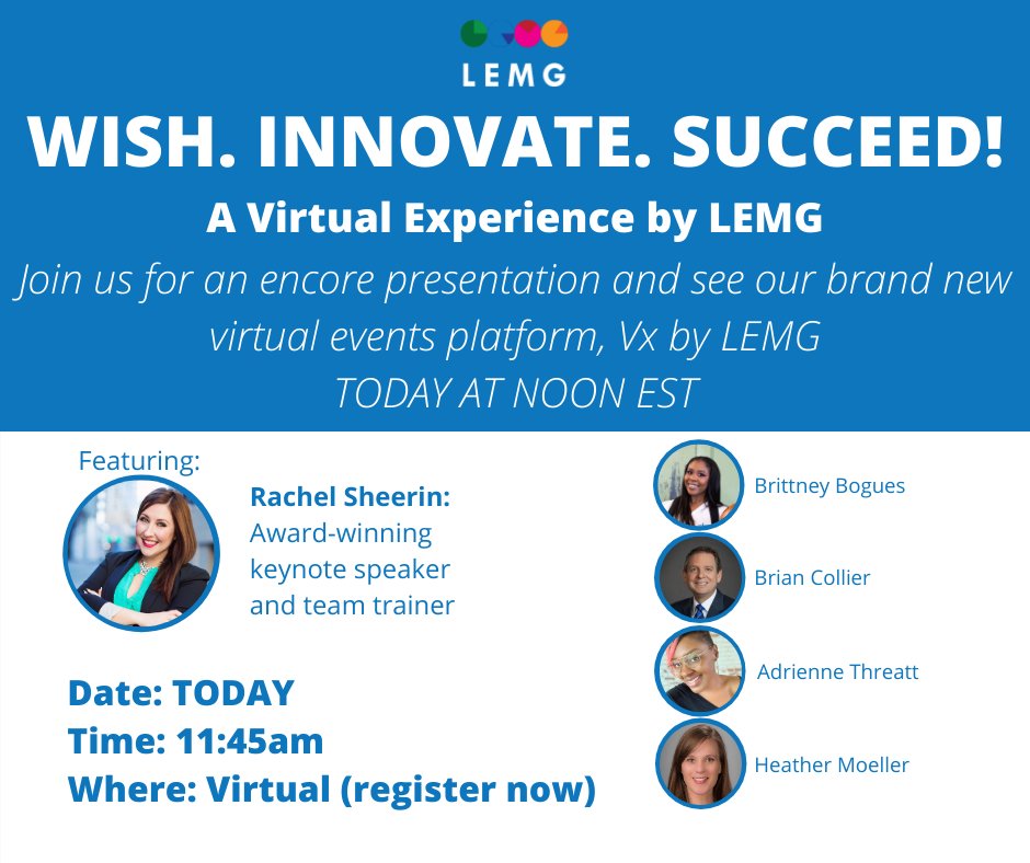 Join our encore presentation TODAY AT NOON (eastern) to see our brand new virtual events platform in action...and enjoy an uplifting show! Grab a sandwich and have lunch (virtually) with us. Register for free here: liveeventsmg.com/wish-innovate-…

#vxbylemg