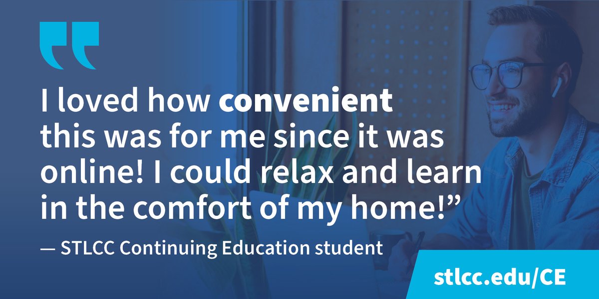 STLCCce's tweet image. Take your career to the next level or find a new direction. Boost your personal health and expand your horizons. With hundreds of online, interactive class offerings, taking the next step is easier than ever. 
-
stlcc.edu/CE