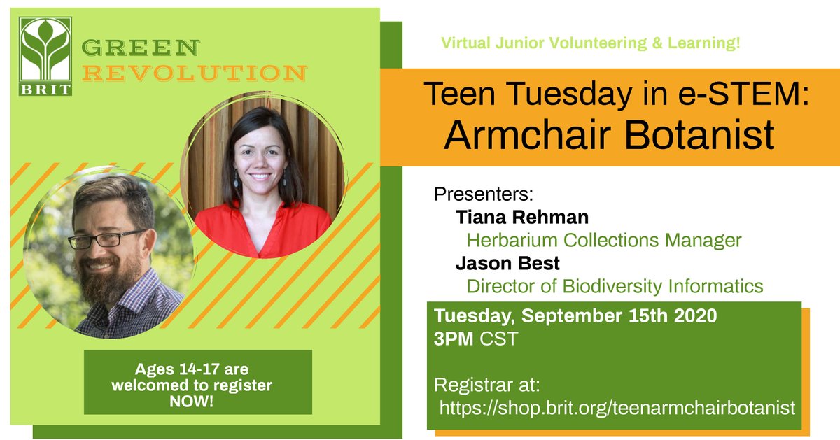 Calling All Teens: Sign up for Teen Tuesday in e-STEM! Students will learn about the BRIT herbarium and how to contribute as citizen scientists – categorizing real specimens for research and archiving. 🔬🍃 #Iam4plants #plant2planet Register here today: shop.brit.org/teenarmchairbo…