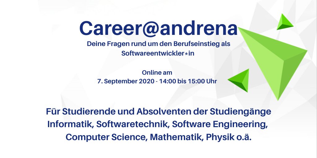 andrenaobjects's tweet image. Am 07. September hast Du wieder die Gelegenheit Fragen zum Einstieg und zum #Job eines #Softwareentwicklers bei andrena zu stellen.

Sei dabei! bit.ly/3hTiWgM
#Agilesoftwareengineer #online #andrenakarriere #Berufseinsteiger #IT #Jobs #wirstellenein