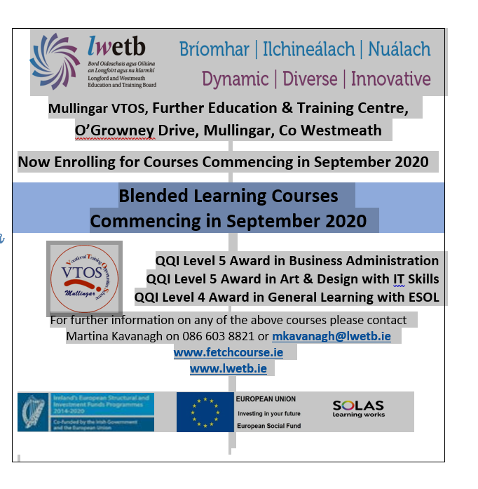 KateCaroline71's tweet photo. Mullingar VTOS is now enrolling for new courses commencing September 2020.  Please contact Martina  on 086 6038821 or by email at  mkavanagh@lwetb.ie for more information. @WeAreLWETB  @MullingarVTOS https://t.co/kLK6AlFSiu